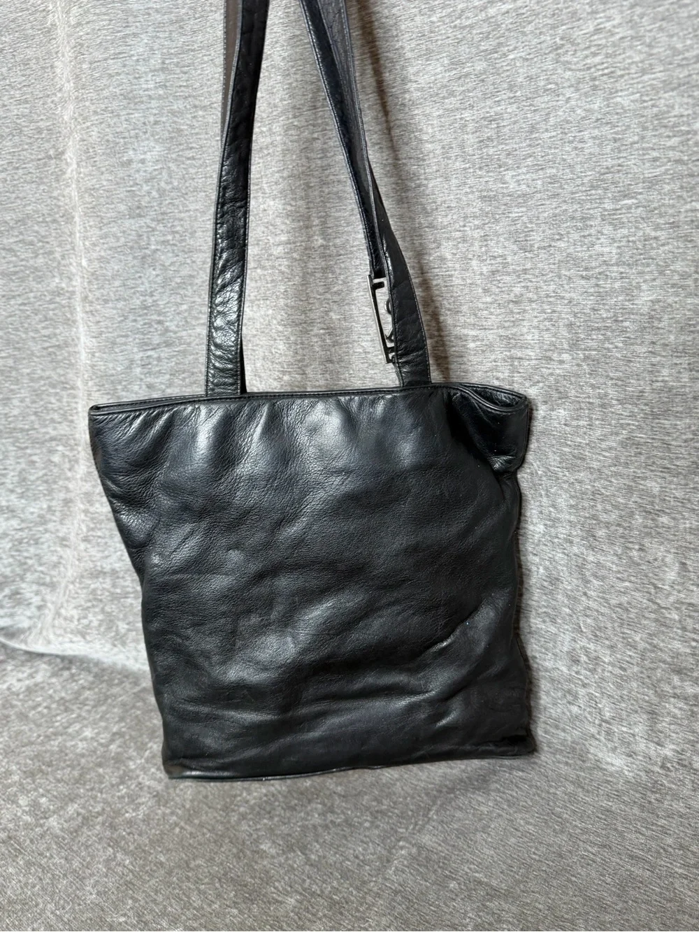 Ralph Lauren Black Leather Shoulder Tote with Silver RL Hardware